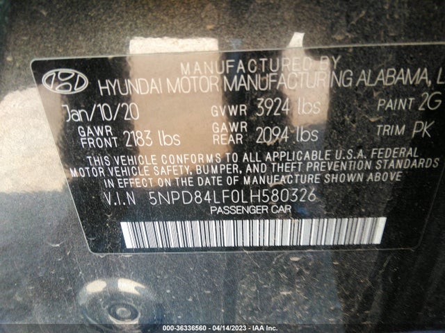 2020 HYUNDAI ELANTRA SEL VIN: 5NPD84LF0LH580326