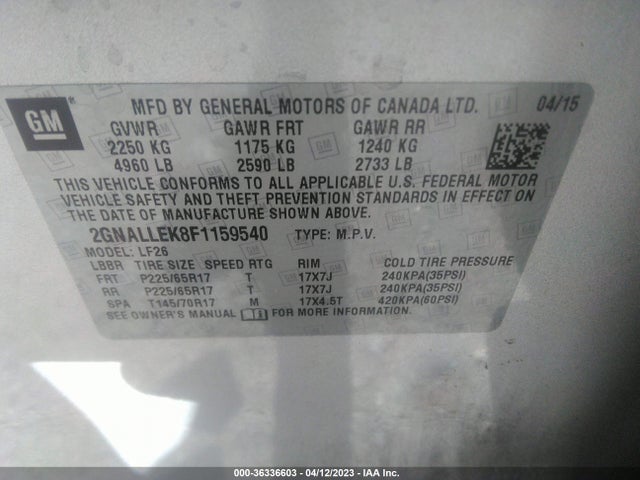 2015 CHEVROLET EQUINOX L VIN: 2GNALLEK8F1159540