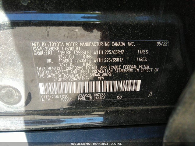 Aukcja sprzedaży 2022 Toyota Rav4 Le, vin: 2T3H1RFV2NW204597, numer aukcji: 36336700