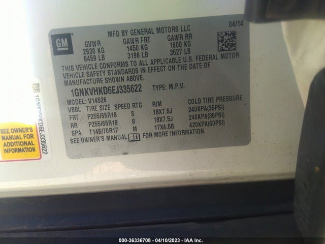 Chevrolet Traverse Lt 2014 1GNKVHKD6EJ335622 Image 9