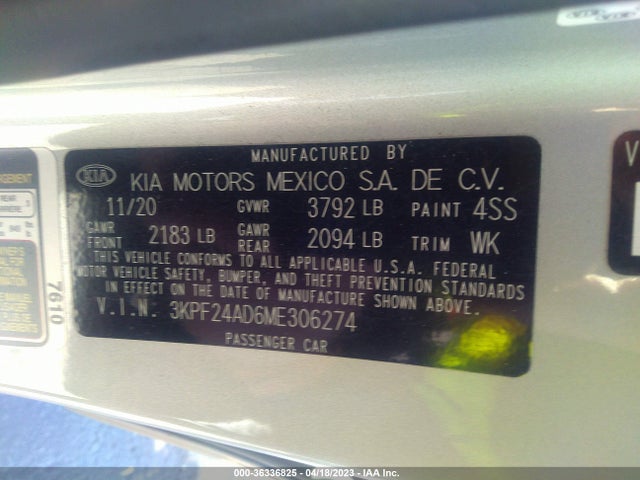 2021 KIA FORTE LXS VIN: 3KPF24AD6ME306274