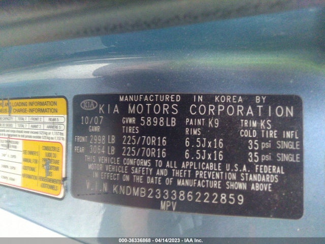 2008 KIA SEDONA LX VIN: KNDMB233386222859