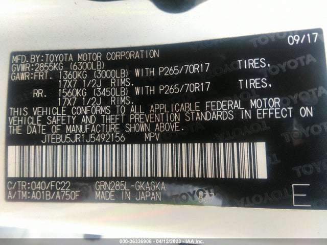 Toyota 4RUNNER SR5 2018 JTEBU5JR1J5492156 Image 9