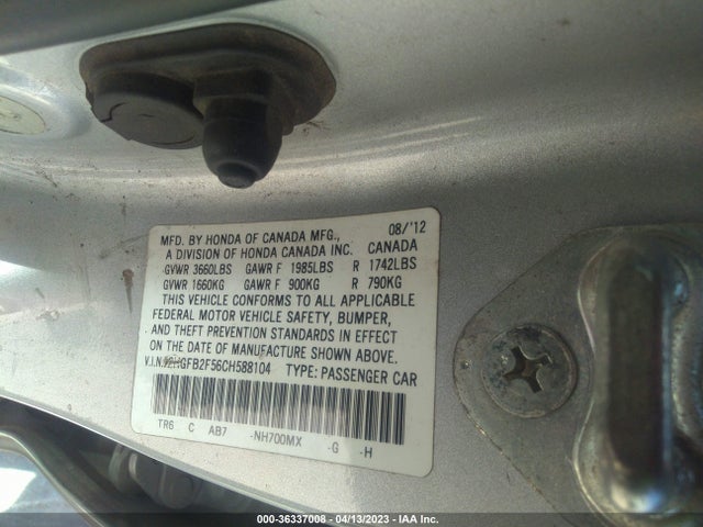 2012 HONDA CIVIC SDN LX VIN: 2HGFB2F56CH588104