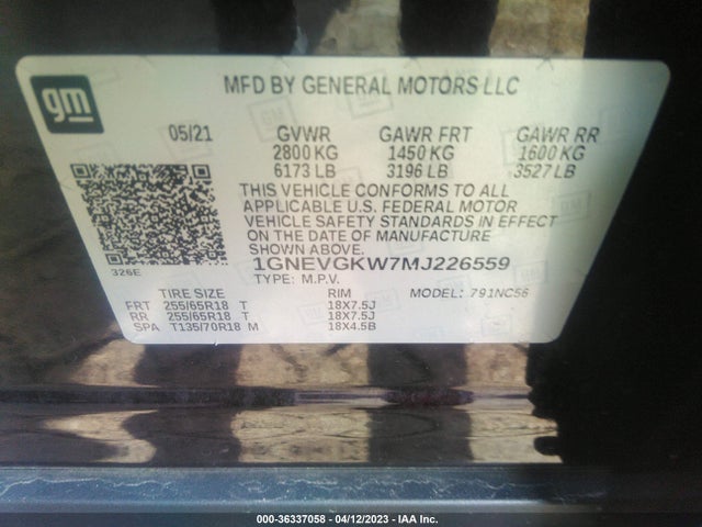 Chevrolet Traverse Lt Cloth 2021 1GNEVGKW7MJ226559 Image 9