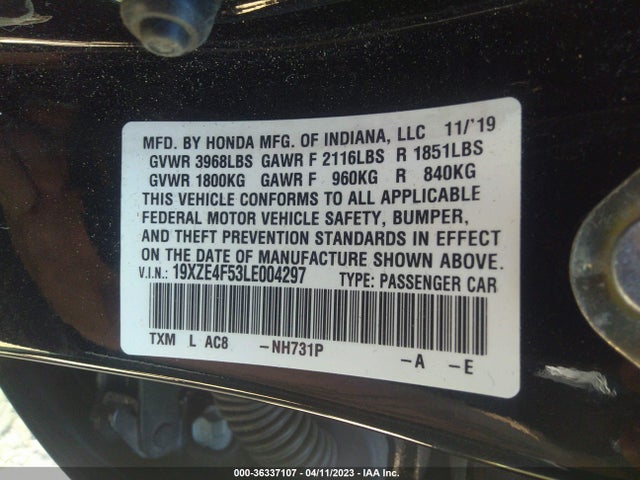 2020 HONDA INSIGHT EX VIN: 19XZE4F53LE004297