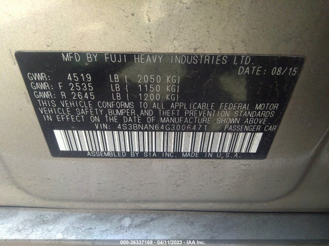 Продаж на аукціоні авто 2016 Subaru Legacy 2.5i Limited, vin: 4S3BNAN64G3006471, номер лоту: 36337169