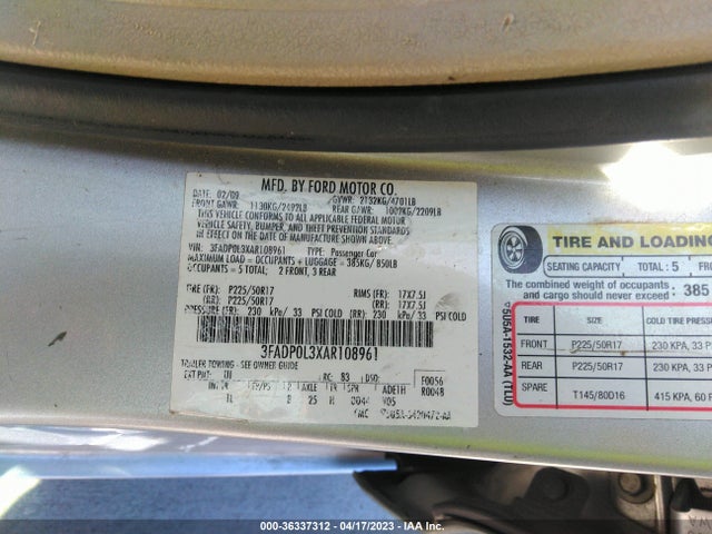2010 FORD FUSION HYBRID VIN: 3FADP0L3XAR108961