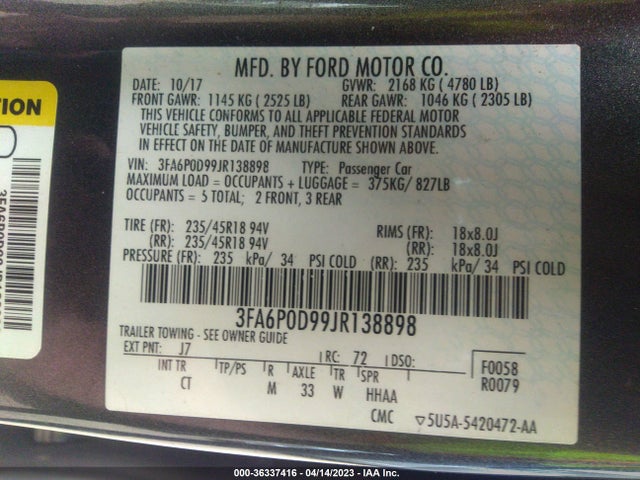 2018 FORD FUSION TITANIUM/PLATINUM VIN: 3FA6P0D99JR138898