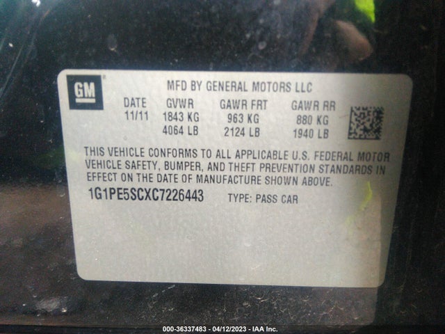 2012 CHEVROLET CRUZE LT W/1FL VIN: 1G1PE5SCXC7226443