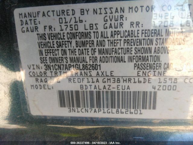 3N1CN7AP1GL862601 Nissan Versa S Plus
