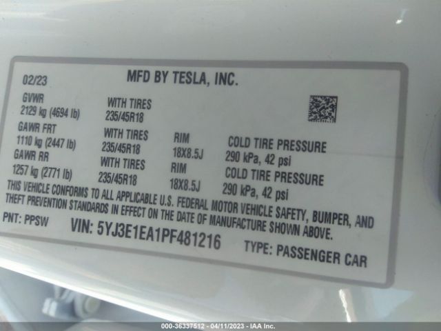 5YJ3E1EA1PF481216 Tesla MODEL 3
