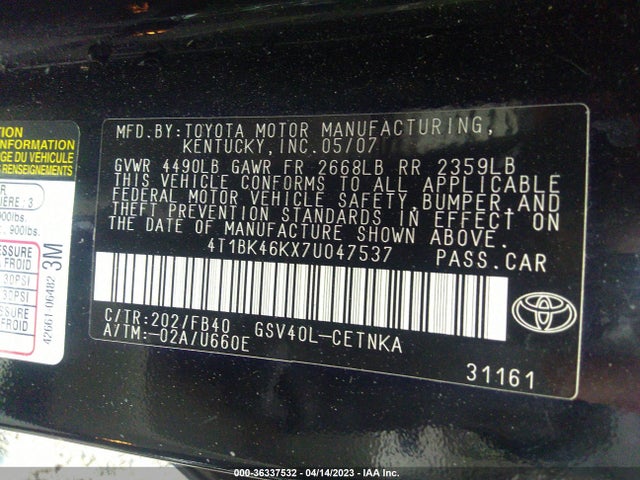 2007 TOYOTA CAMRY LE/SE/XLE VIN: 4T1BK46KX7U047537
