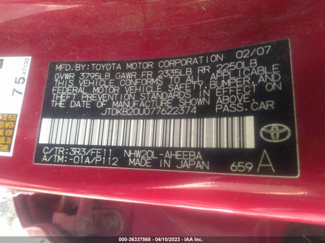 2007 TOYOTA PRIUS VIN: JTDKB20U077622374