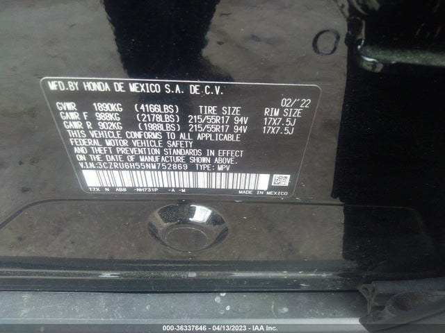 2022 HONDA HR-V EX VIN: 3CZRU6H55NM752869