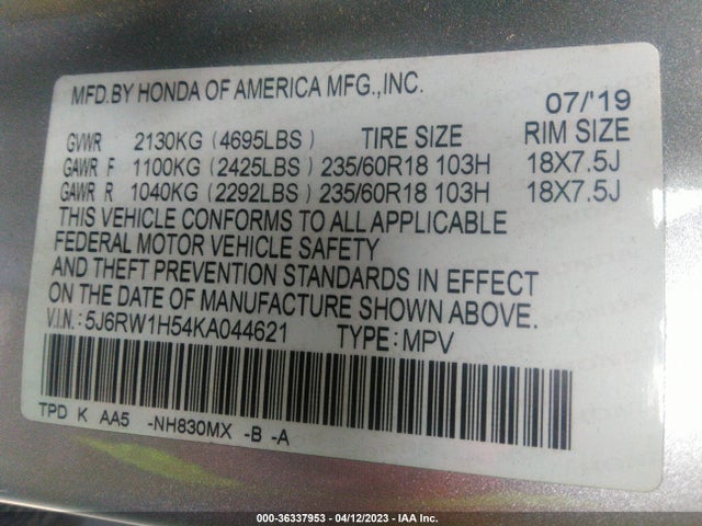 Honda CR-V EX 2019 5J6RW1H54KA044621 Image 9