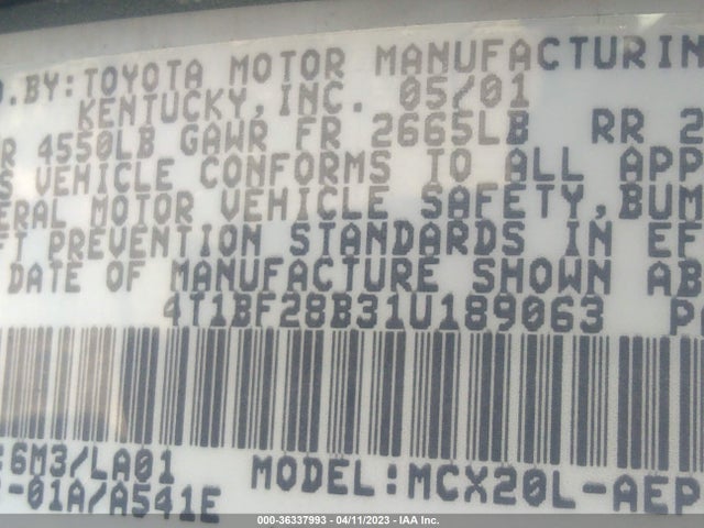 2001 TOYOTA AVALON XL W/BUCKET SEATS VIN: 4T1BF28B31U189063