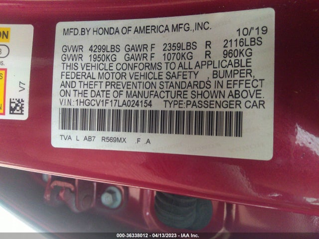 2020 HONDA ACCORD SEDAN LX VIN: 1HGCV1F17LA024154