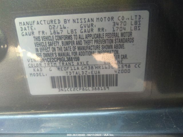 3N1CE2CP8GL388159 Nissan Versa Note S/s Plus/sv/sr/sl