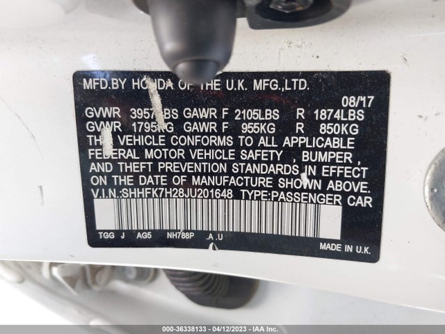 Honda Civic Hatchback Lx 2018 SHHFK7H28JU201648 Image 9