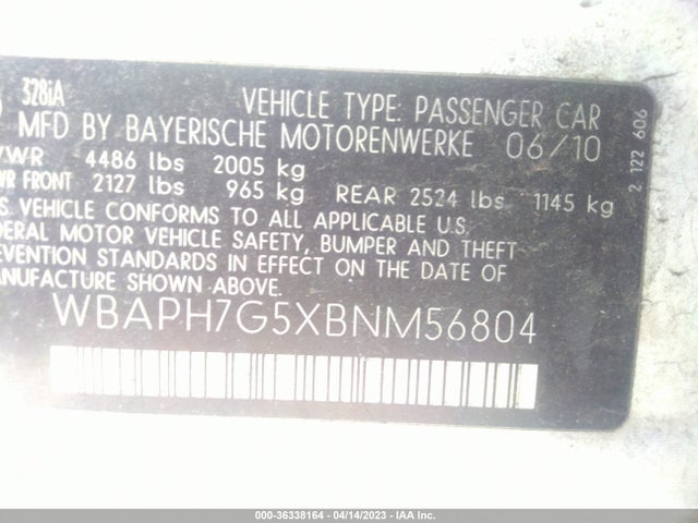 2011 BMW 3 SERIES 328I VIN: WBAPH7G5XBNM56804