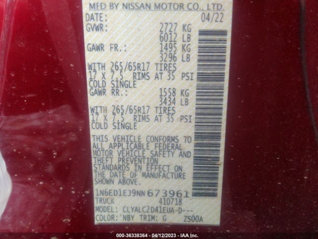 1N6ED1EJ9NN673961 Nissan Frontier Sv