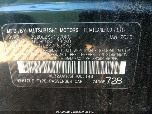2015 MITSUBISHI MIRAGE ES/RF VIN: ML32A4HJ6FH061148
