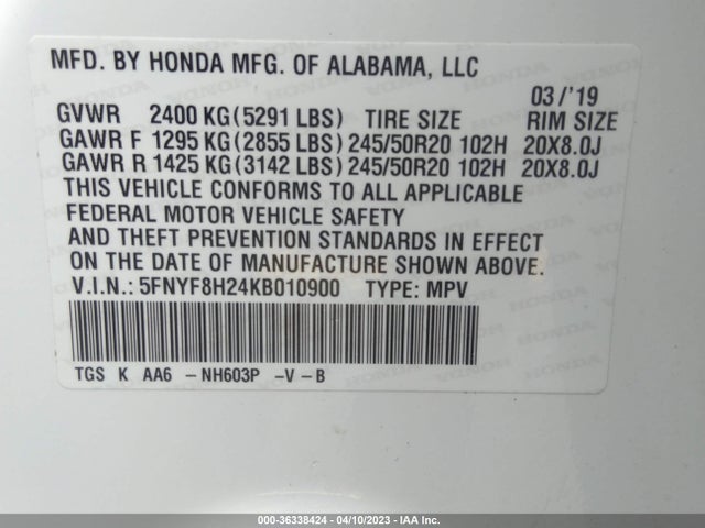 2019 HONDA PASSPORT S VIN: 5FNYF8H24KB010900