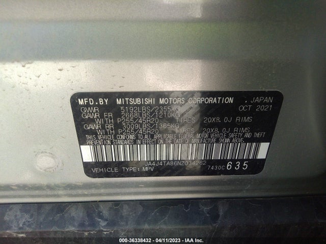 JA4J4TA86NZ034262 Mitsubishi Outlander Es