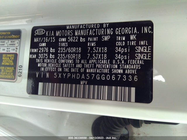 KIA SORENTO EX 2016 5XYPHDA57GG067336 Image 10
