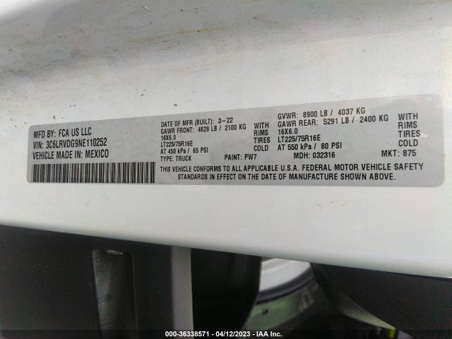 3C6LRVDG9NE110252 RAM Promaster Cargo Van