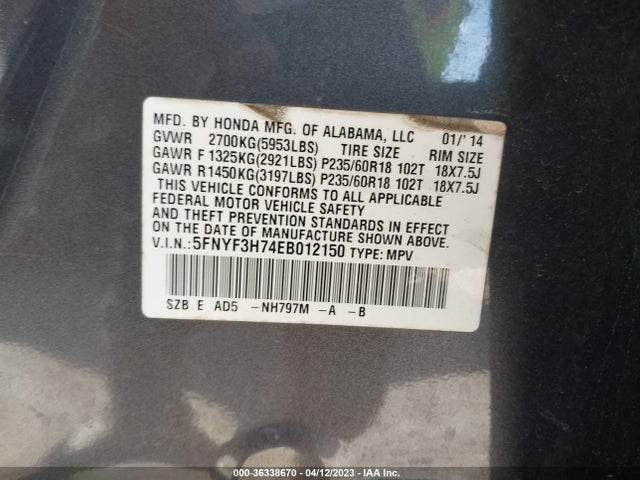 Honda Pilot Ex-l 2014 5FNYF3H74EB012150 Image 9