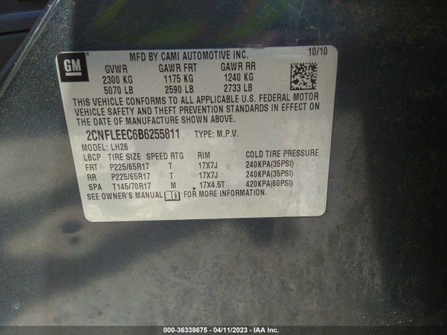 2011 CHEVROLET EQUINOX LT W/1LT VIN: 2CNFLEEC6B6255811