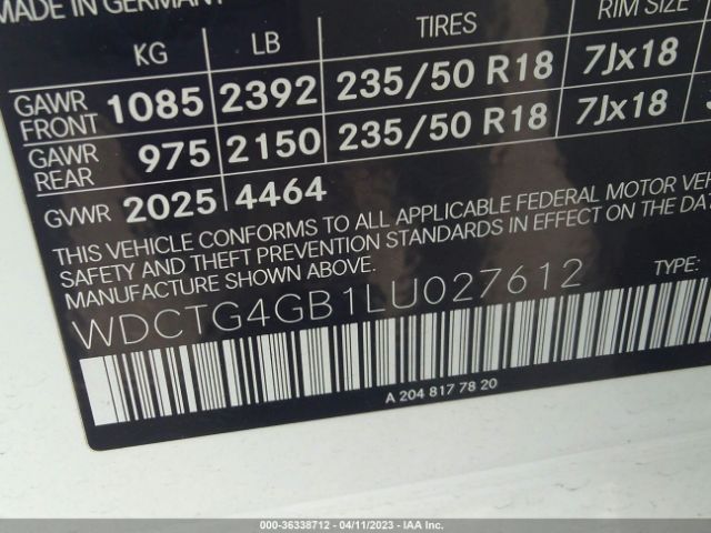 WDCTG4GB1LU027612 Mercedes-Benz Gla Gla 250