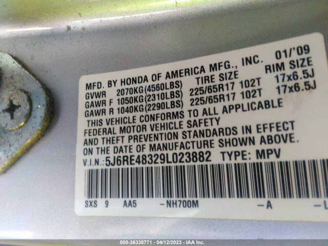 2009 HONDA CR-V LX VIN: 5J6RE48329L023882