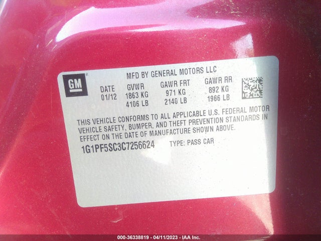 2012 CHEVROLET CRUZE LT W/1LT VIN: 1G1PF5SC3C7256624
