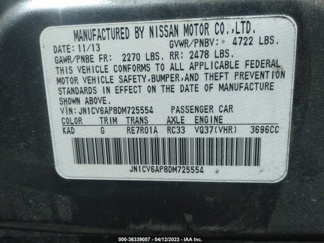 2013 INFINITI G37 SEDAN JOURNEY VIN: JN1CV6AP8DM725554
