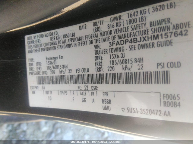 2017 FORD FIESTA SE VIN: 3FADP4BJXHM157642