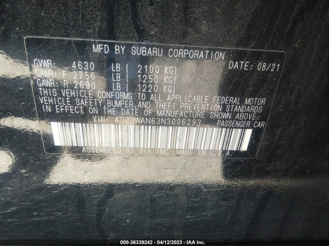 2022 SUBARU LEGACY LIMITED VIN: 4S3BWAN63N3006293