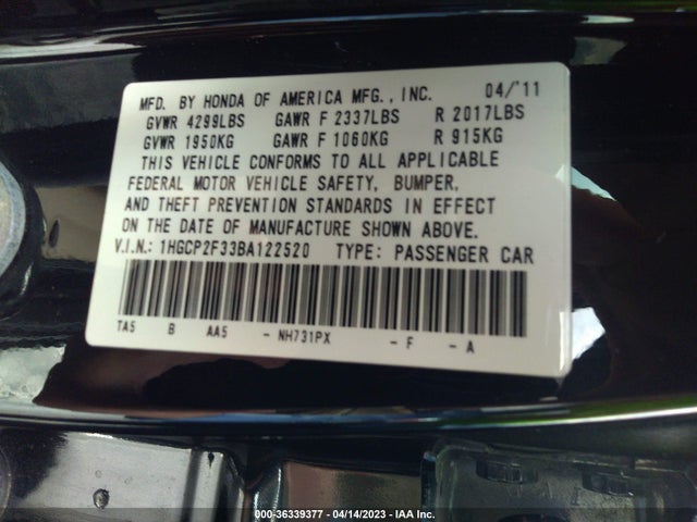 2011 HONDA ACCORD SDN LX VIN: 1HGCP2F33BA122520