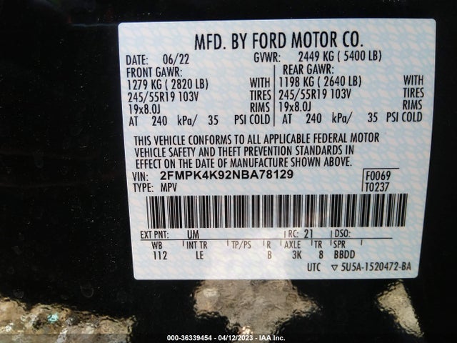 2022 FORD EDGE TITANIUM VIN: 2FMPK4K92NBA78129