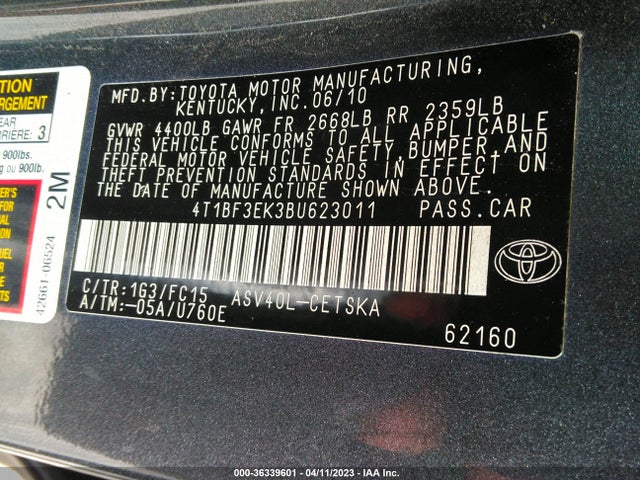 2011 TOYOTA CAMRY VIN: 4T1BF3EK3BU623011