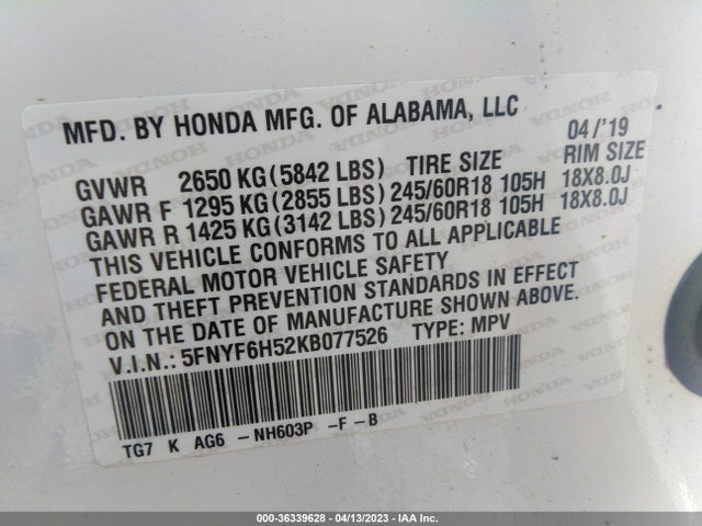 Honda Pilot Ex-l 2019 5FNYF6H52KB077526 Image 9