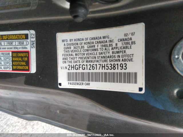 2007 HONDA CIVIC CPE LX VIN: 2HGFG12617H538193