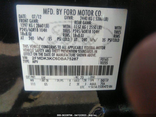 2013 FORD EDGE LIMITED VIN: 2FMDK3KC6DBA75287