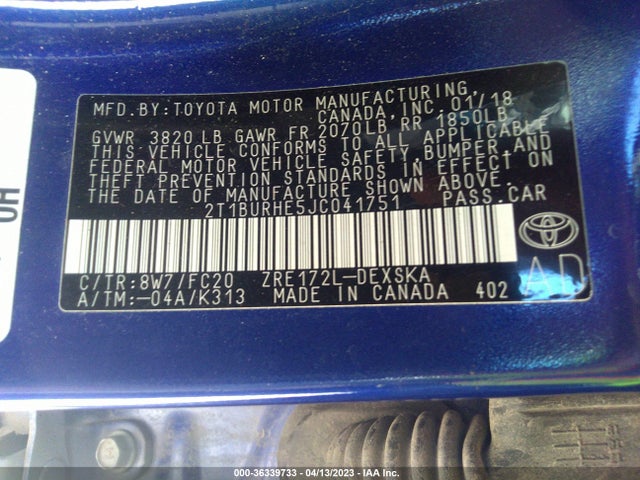 2018 TOYOTA COROLLA L/LE/XLE/SE/XSE VIN: 2T1BURHE5JC041751