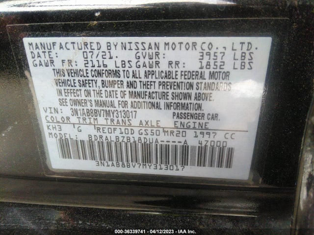 2021 NISSAN SENTRA S VIN: 3N1AB8BV7MY313017