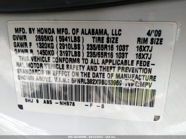 2009 HONDA ODYSSEY LX VIN: 5FNRL382X9B053969