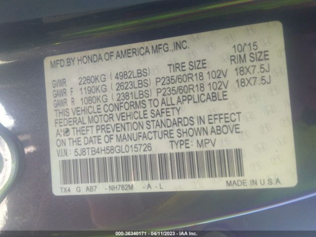 5J8TB4H58GL015726 Acura Rdx Tech Pkg/tech