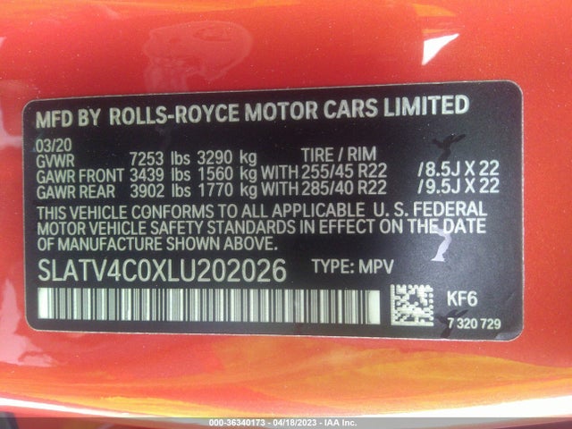 2020 Rolls-Royce Cullinan, VIN: SLATV4C0XLU202026